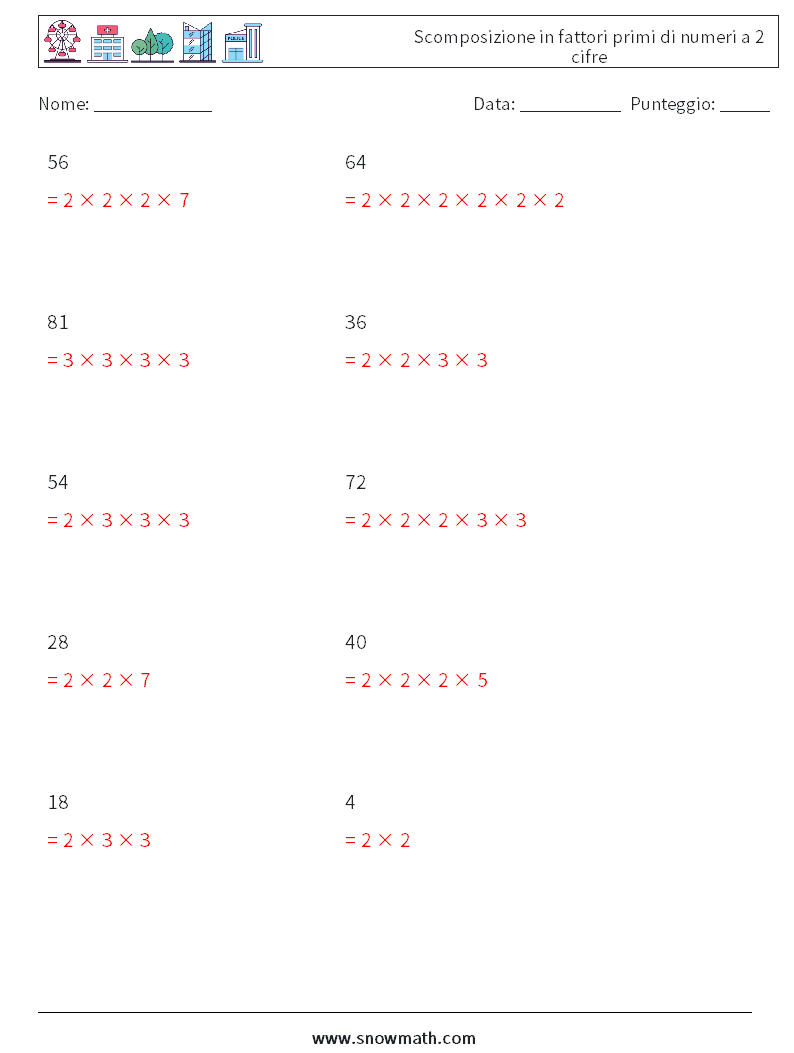 Scomposizione in fattori primi di numeri a 2 cifre Fogli di lavoro di matematica 2 Domanda, Risposta
