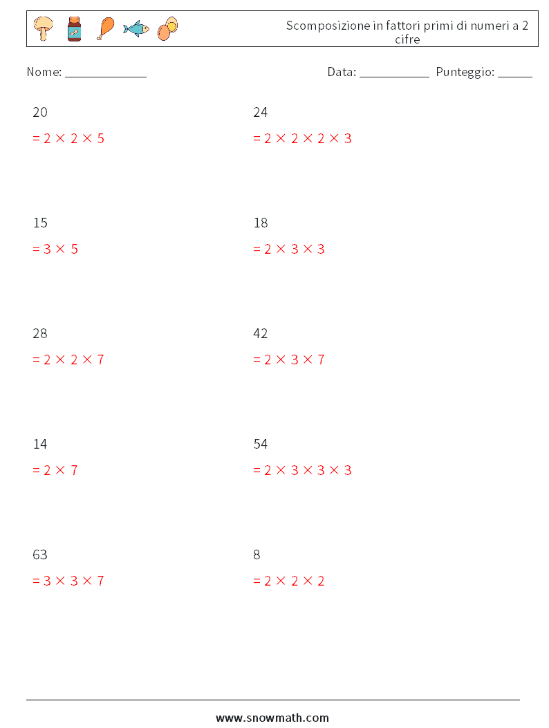 Scomposizione in fattori primi di numeri a 2 cifre Fogli di lavoro di matematica 3 Domanda, Risposta