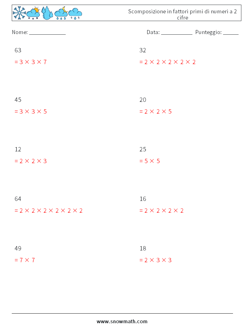 Scomposizione in fattori primi di numeri a 2 cifre Fogli di lavoro di matematica 4 Domanda, Risposta