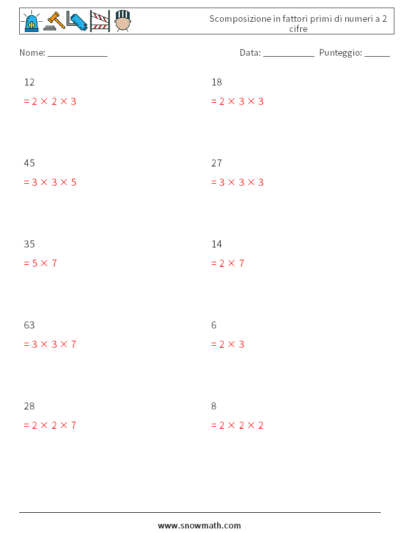 Scomposizione in fattori primi di numeri a 2 cifre Fogli di lavoro di matematica 5 Domanda, Risposta