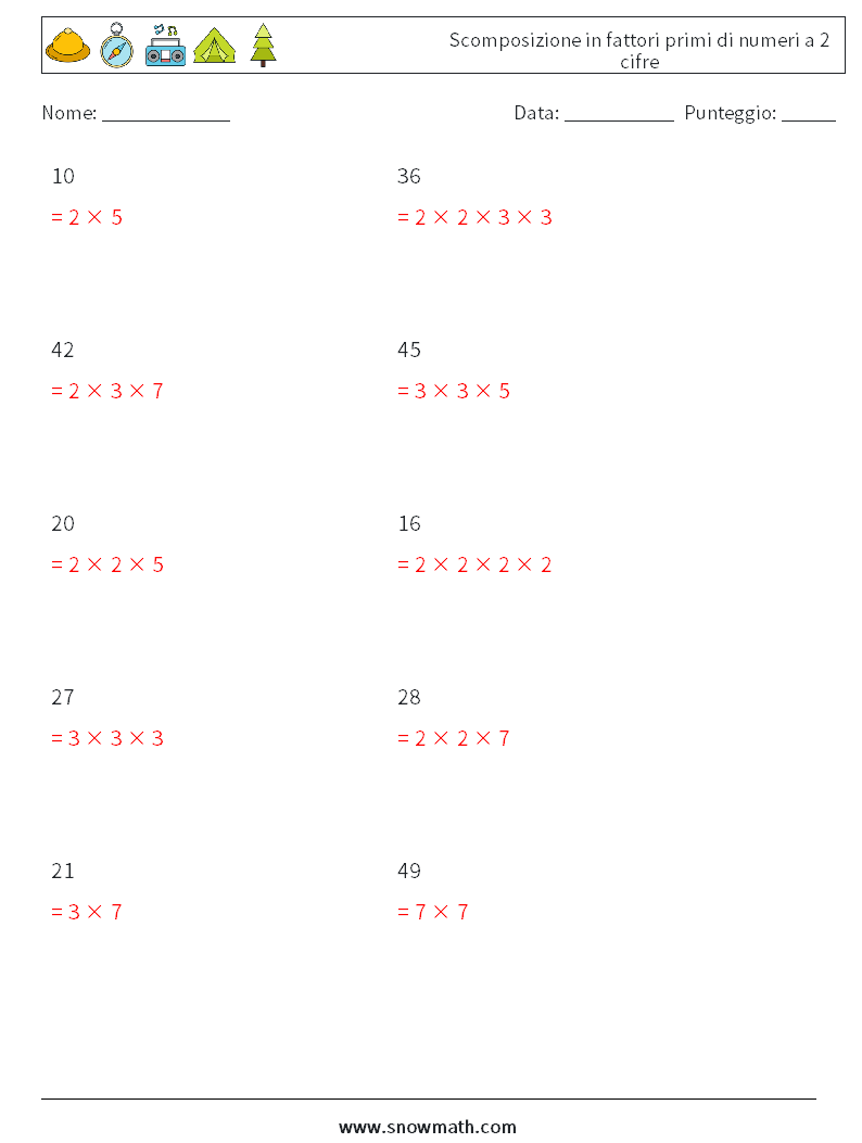 Scomposizione in fattori primi di numeri a 2 cifre Fogli di lavoro di matematica 6 Domanda, Risposta