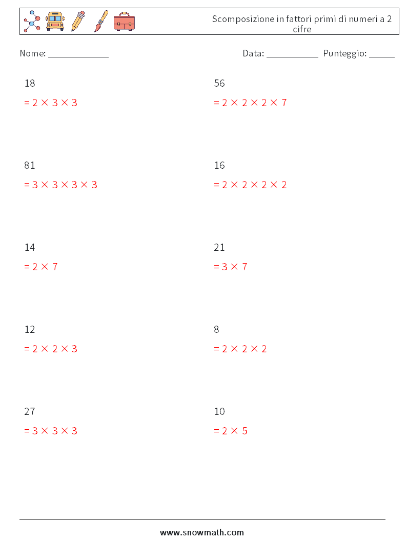 Scomposizione in fattori primi di numeri a 2 cifre Fogli di lavoro di matematica 7 Domanda, Risposta