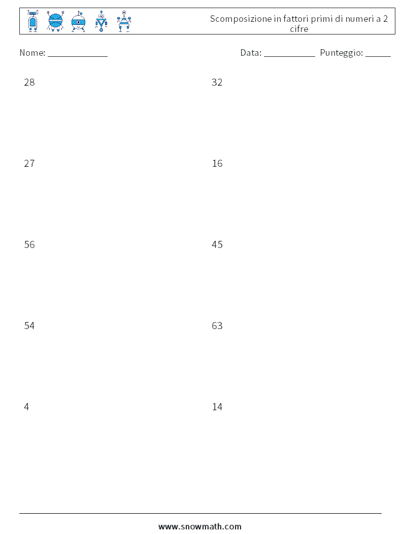 Scomposizione in fattori primi di numeri a 2 cifre Fogli di lavoro di matematica 9