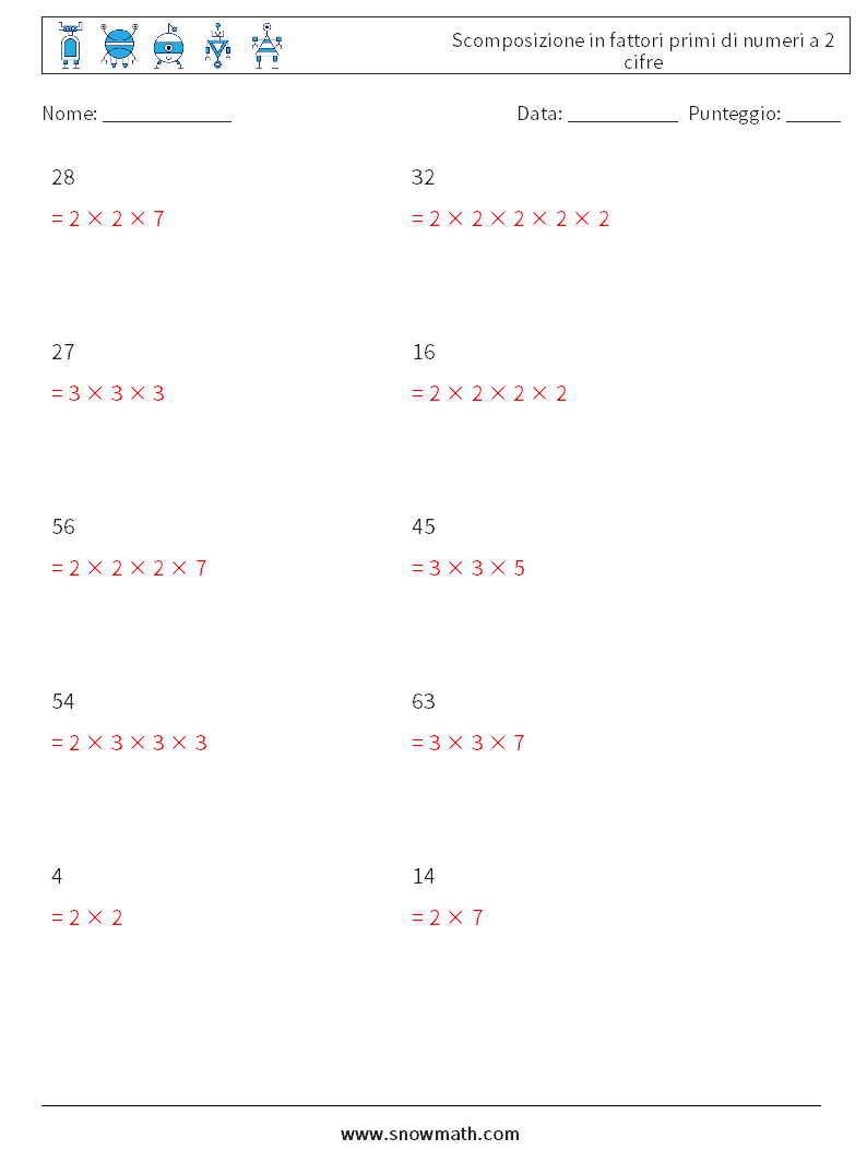 Scomposizione in fattori primi di numeri a 2 cifre Fogli di lavoro di matematica 9 Domanda, Risposta