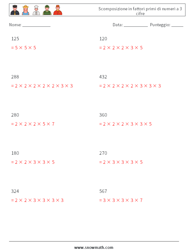 Scomposizione in fattori primi di numeri a 3 cifre Fogli di lavoro di matematica 1 Domanda, Risposta