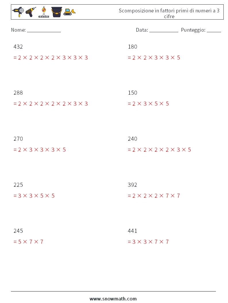 Scomposizione in fattori primi di numeri a 3 cifre Fogli di lavoro di matematica 2 Domanda, Risposta
