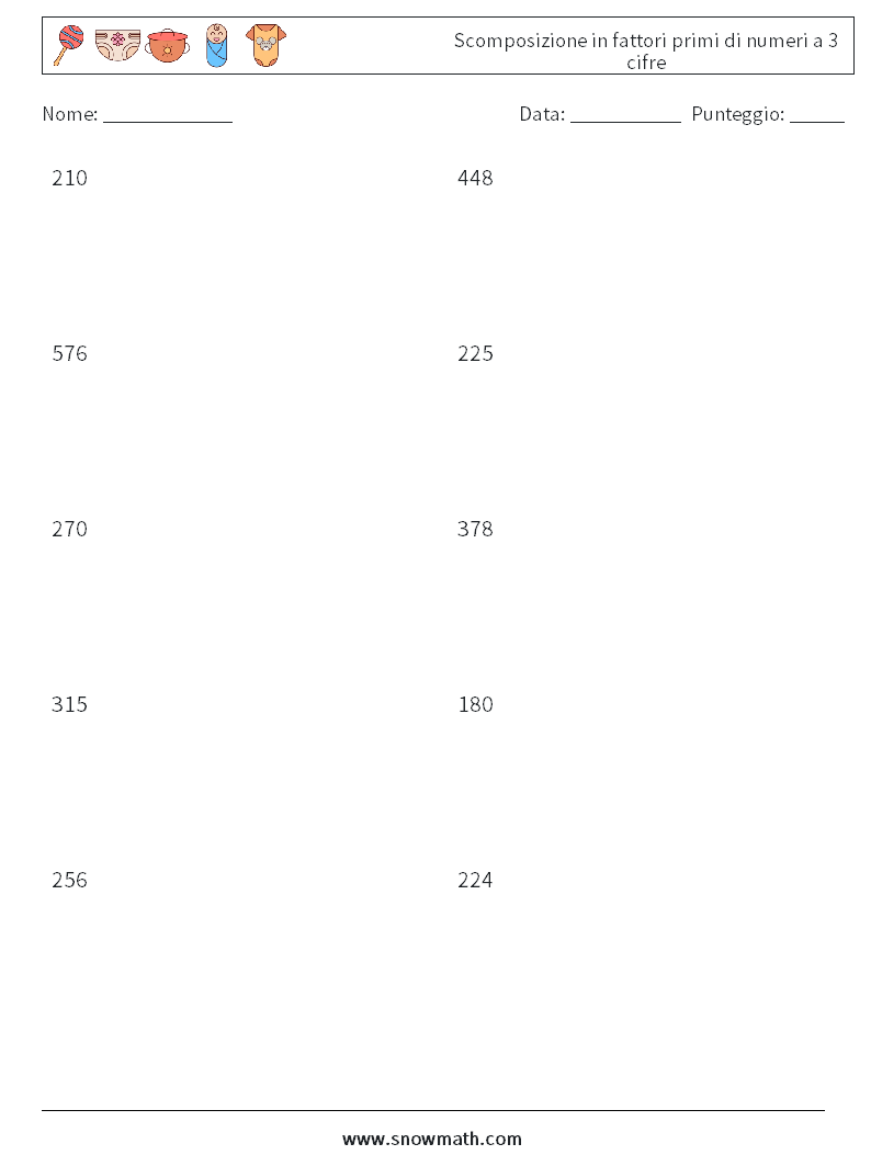 Scomposizione in fattori primi di numeri a 3 cifre Fogli di lavoro di matematica 3
