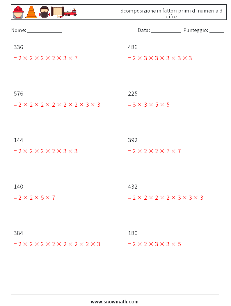 Scomposizione in fattori primi di numeri a 3 cifre Fogli di lavoro di matematica 4 Domanda, Risposta