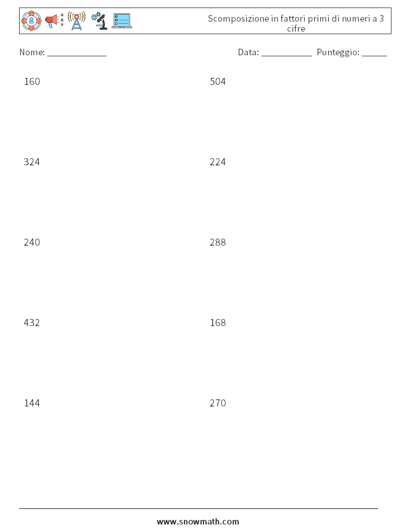 Scomposizione in fattori primi di numeri a 3 cifre Fogli di lavoro di matematica 6