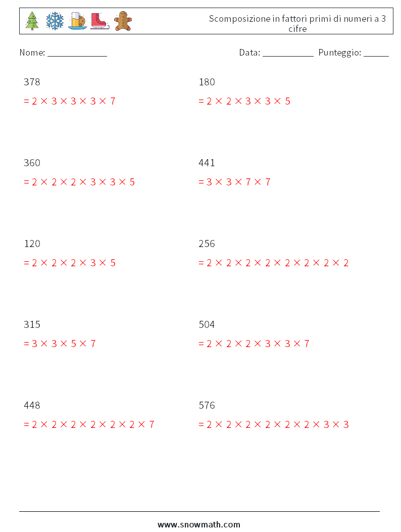 Scomposizione in fattori primi di numeri a 3 cifre Fogli di lavoro di matematica 7 Domanda, Risposta