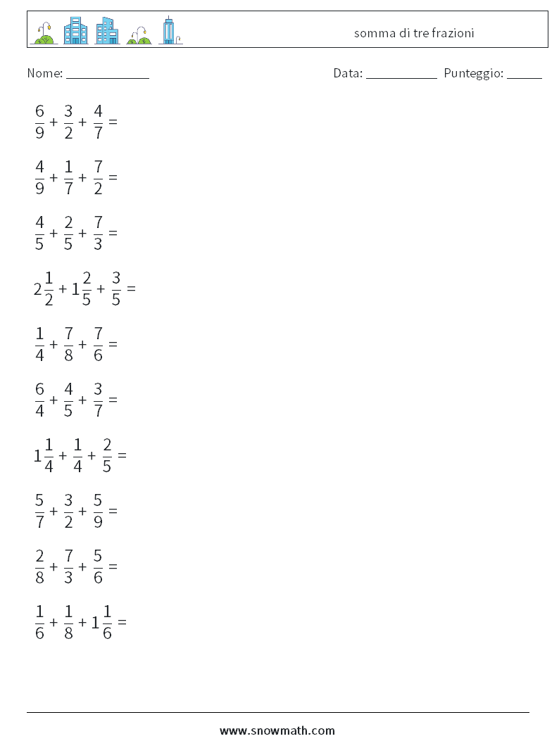 (10) somma di tre frazioni Fogli di lavoro di matematica 11