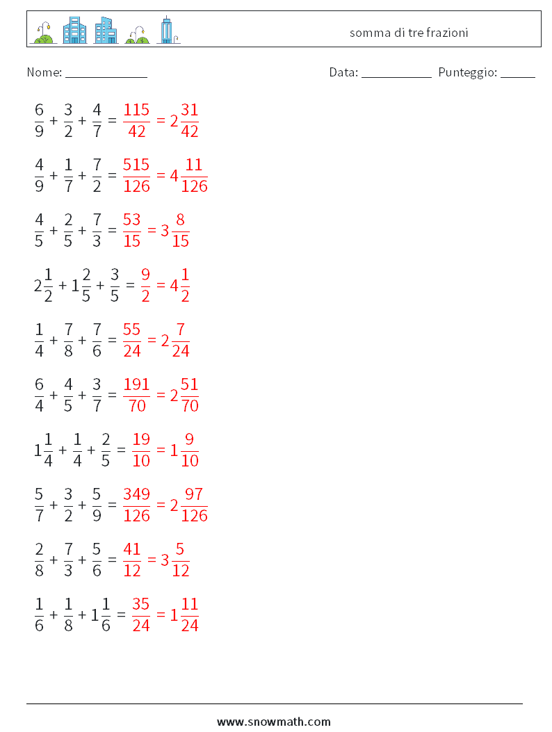 (10) somma di tre frazioni Fogli di lavoro di matematica 11 Domanda, Risposta