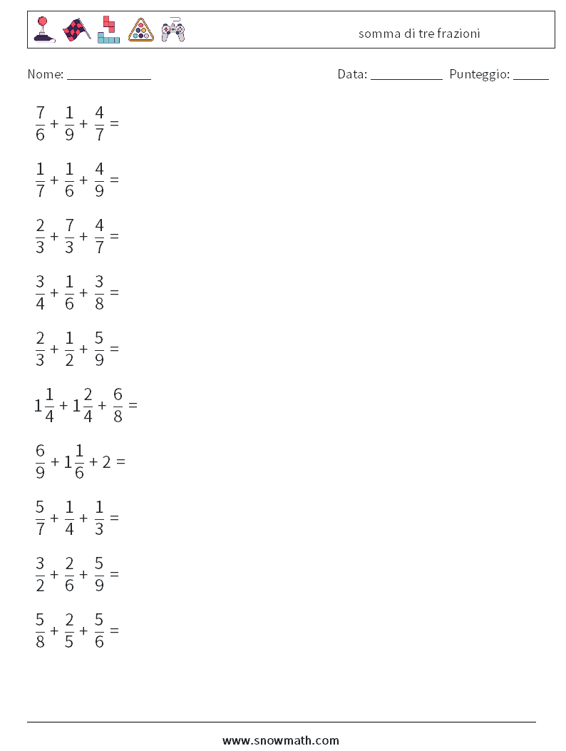 (10) somma di tre frazioni Fogli di lavoro di matematica 12