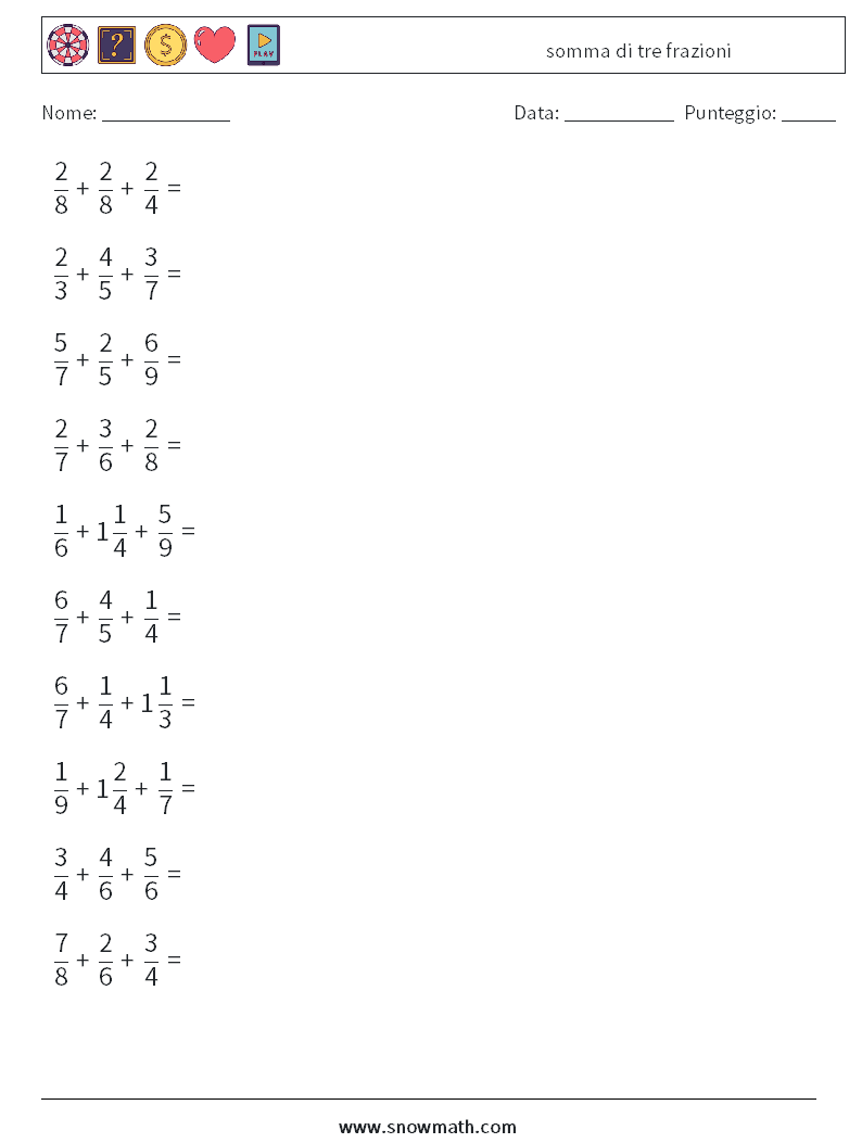 (10) somma di tre frazioni Fogli di lavoro di matematica 15