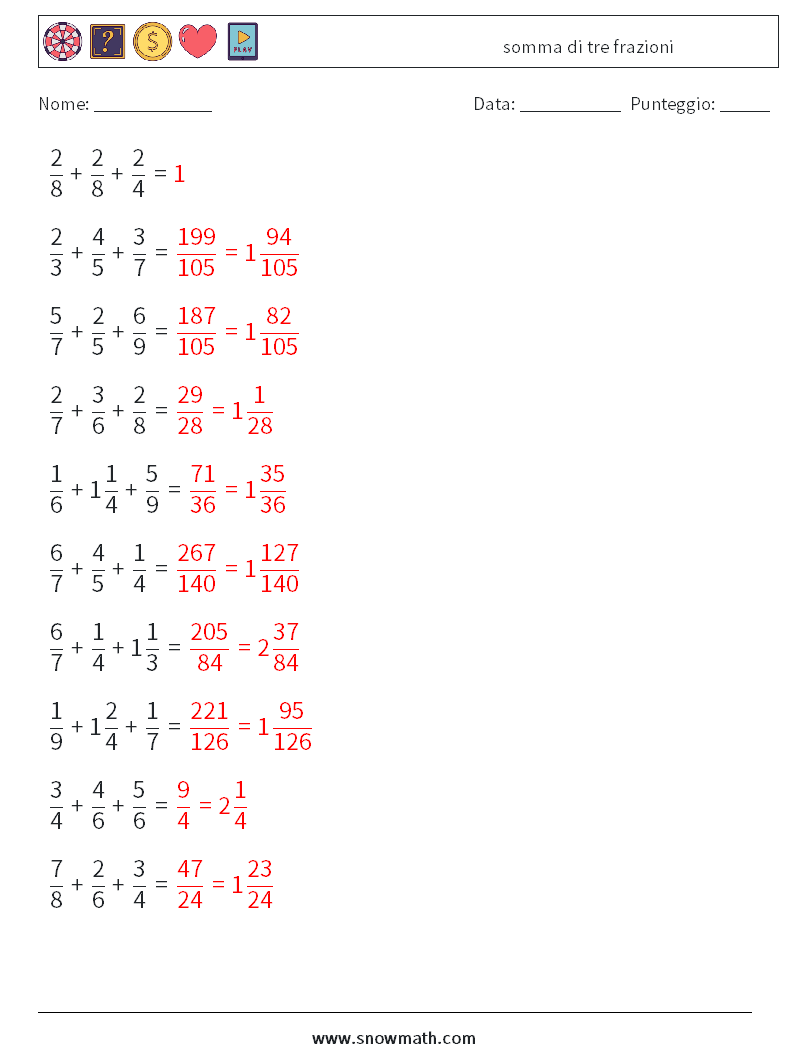 (10) somma di tre frazioni Fogli di lavoro di matematica 15 Domanda, Risposta