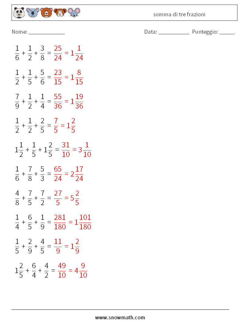 (10) somma di tre frazioni Fogli di lavoro di matematica 16 Domanda, Risposta
