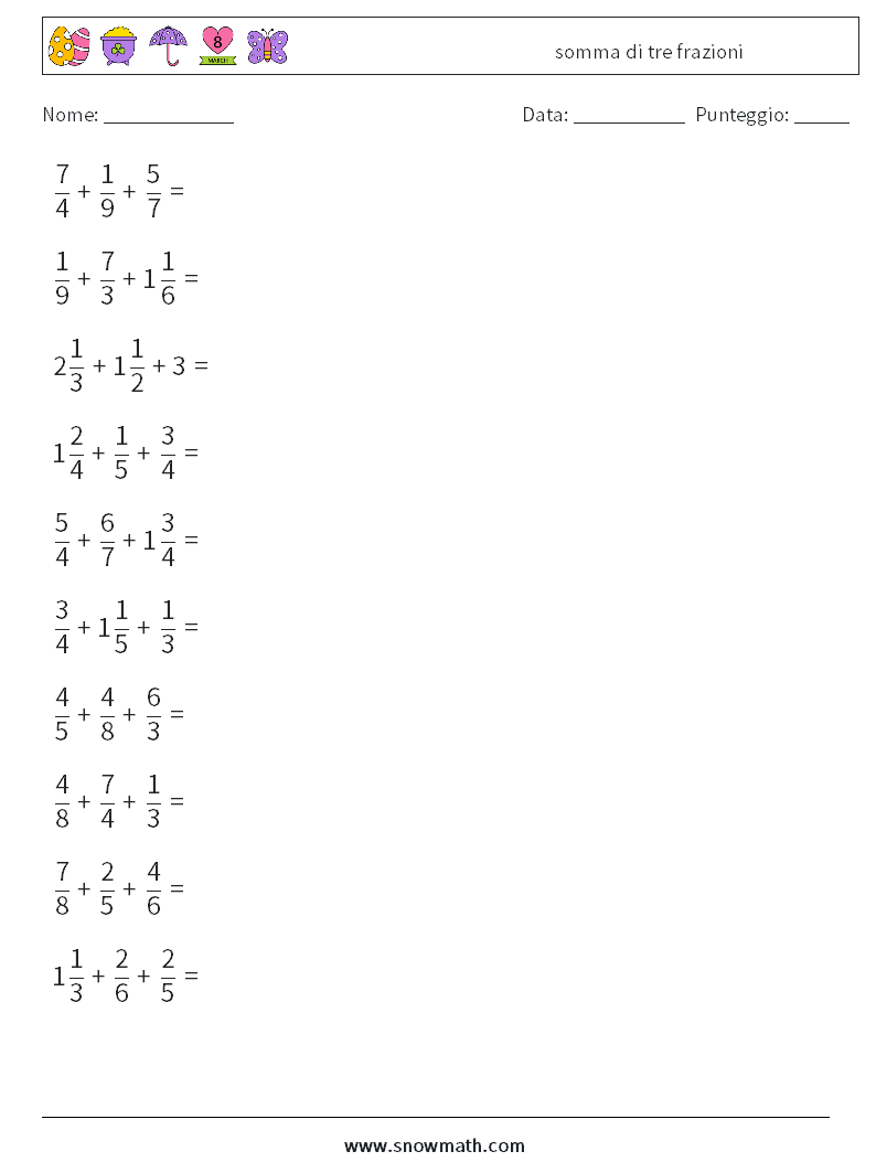 (10) somma di tre frazioni Fogli di lavoro di matematica 18