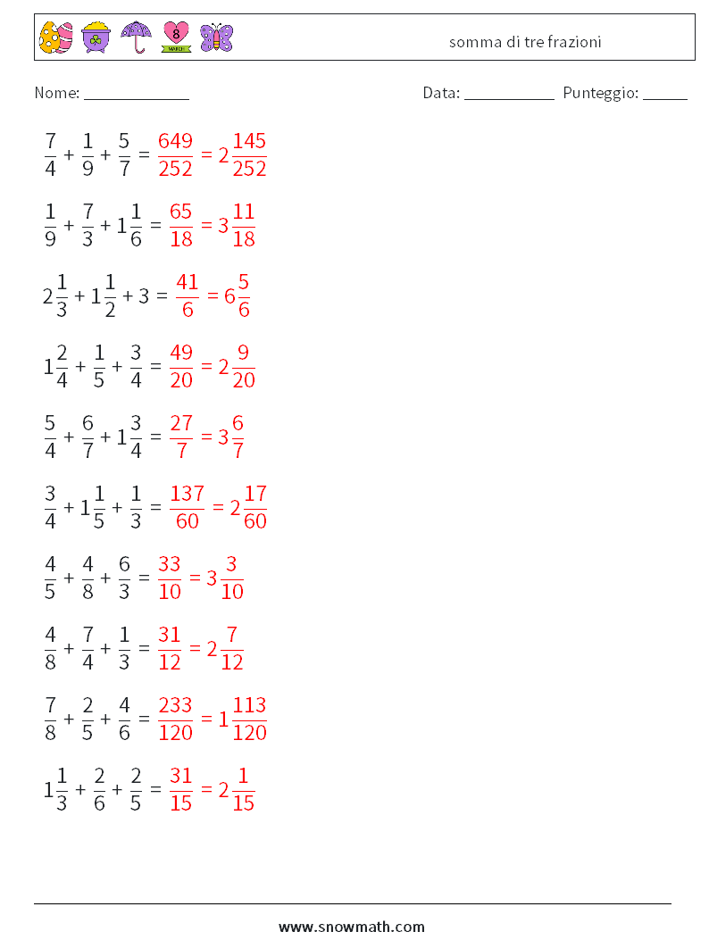 (10) somma di tre frazioni Fogli di lavoro di matematica 18 Domanda, Risposta