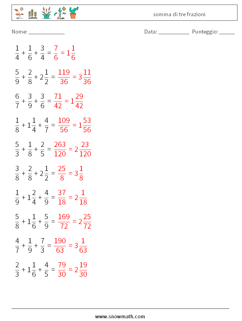 (10) somma di tre frazioni Fogli di lavoro di matematica 1 Domanda, Risposta
