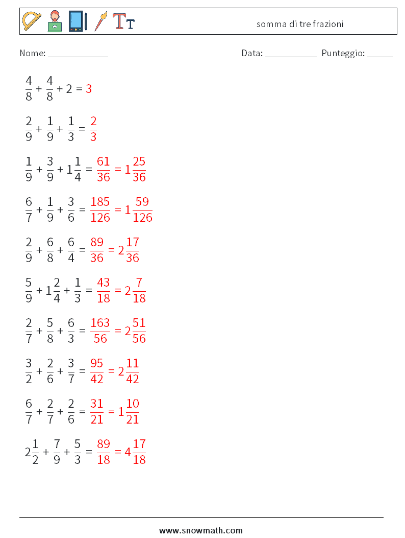 (10) somma di tre frazioni Fogli di lavoro di matematica 2 Domanda, Risposta