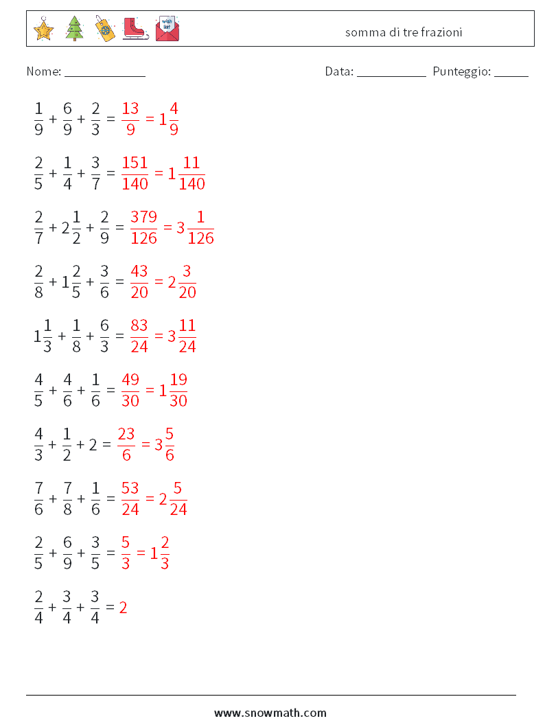 (10) somma di tre frazioni Fogli di lavoro di matematica 3 Domanda, Risposta