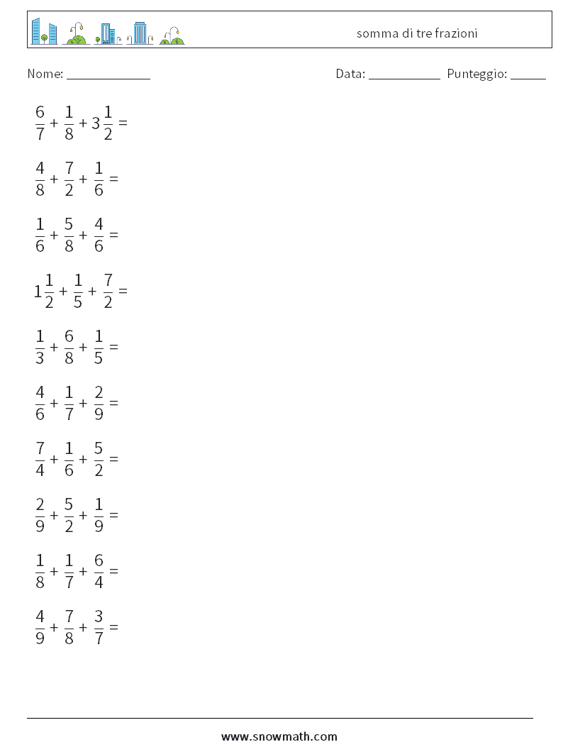 (10) somma di tre frazioni Fogli di lavoro di matematica 4