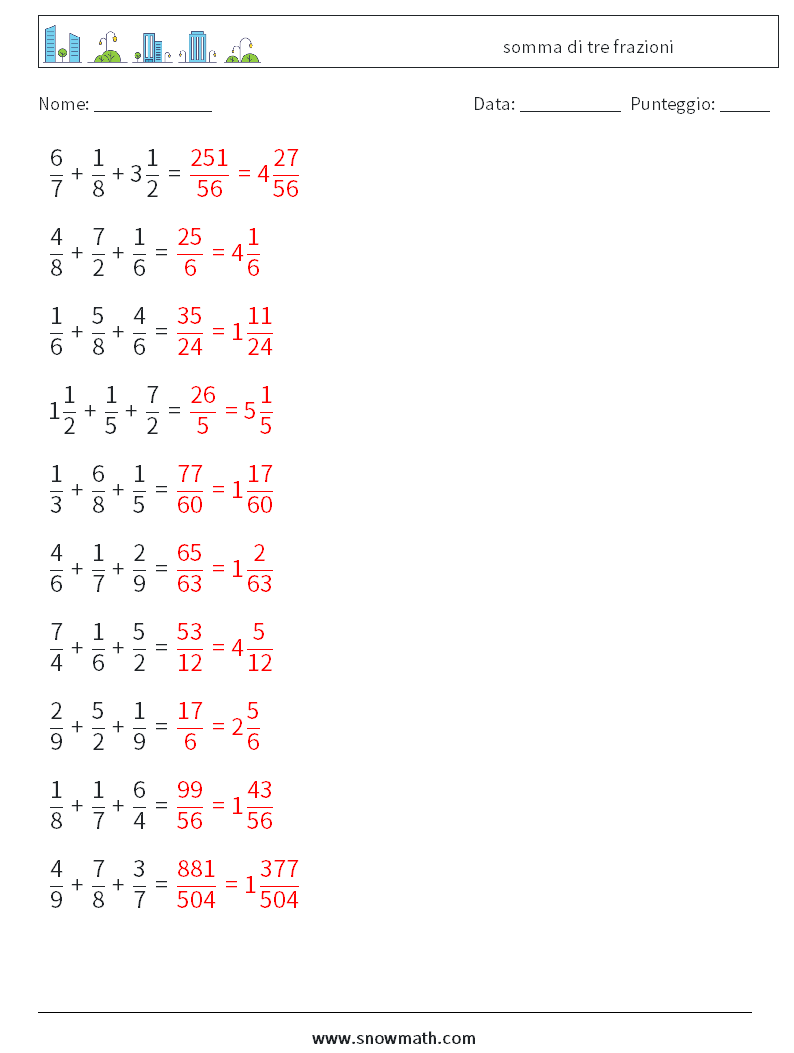 (10) somma di tre frazioni Fogli di lavoro di matematica 4 Domanda, Risposta
