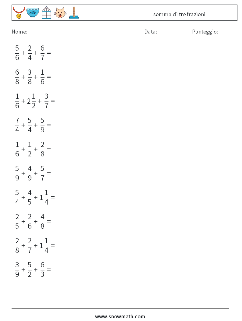 (10) somma di tre frazioni Fogli di lavoro di matematica 5