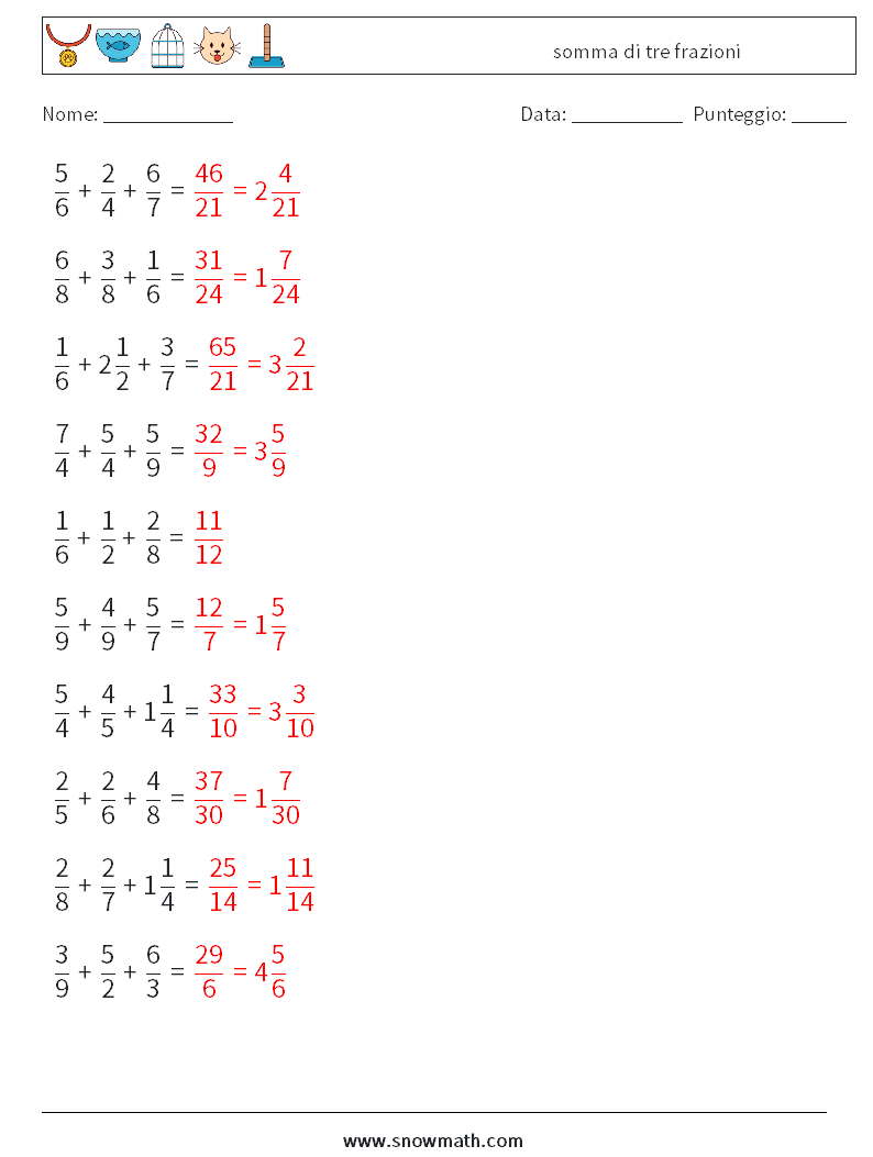 (10) somma di tre frazioni Fogli di lavoro di matematica 5 Domanda, Risposta