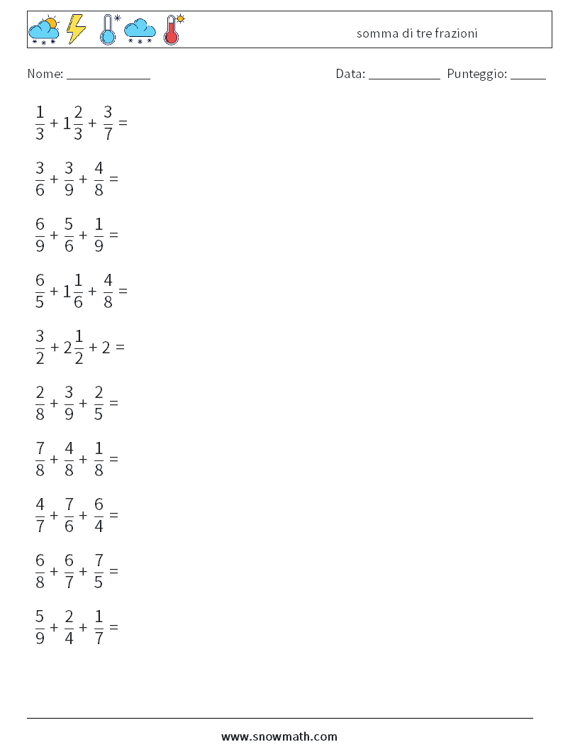 (10) somma di tre frazioni Fogli di lavoro di matematica 6