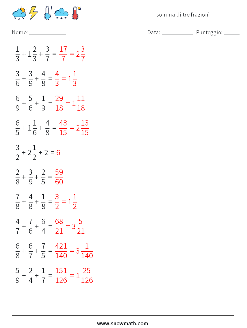 (10) somma di tre frazioni Fogli di lavoro di matematica 6 Domanda, Risposta