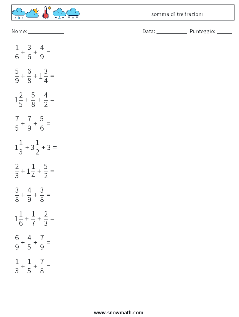 (10) somma di tre frazioni Fogli di lavoro di matematica 7