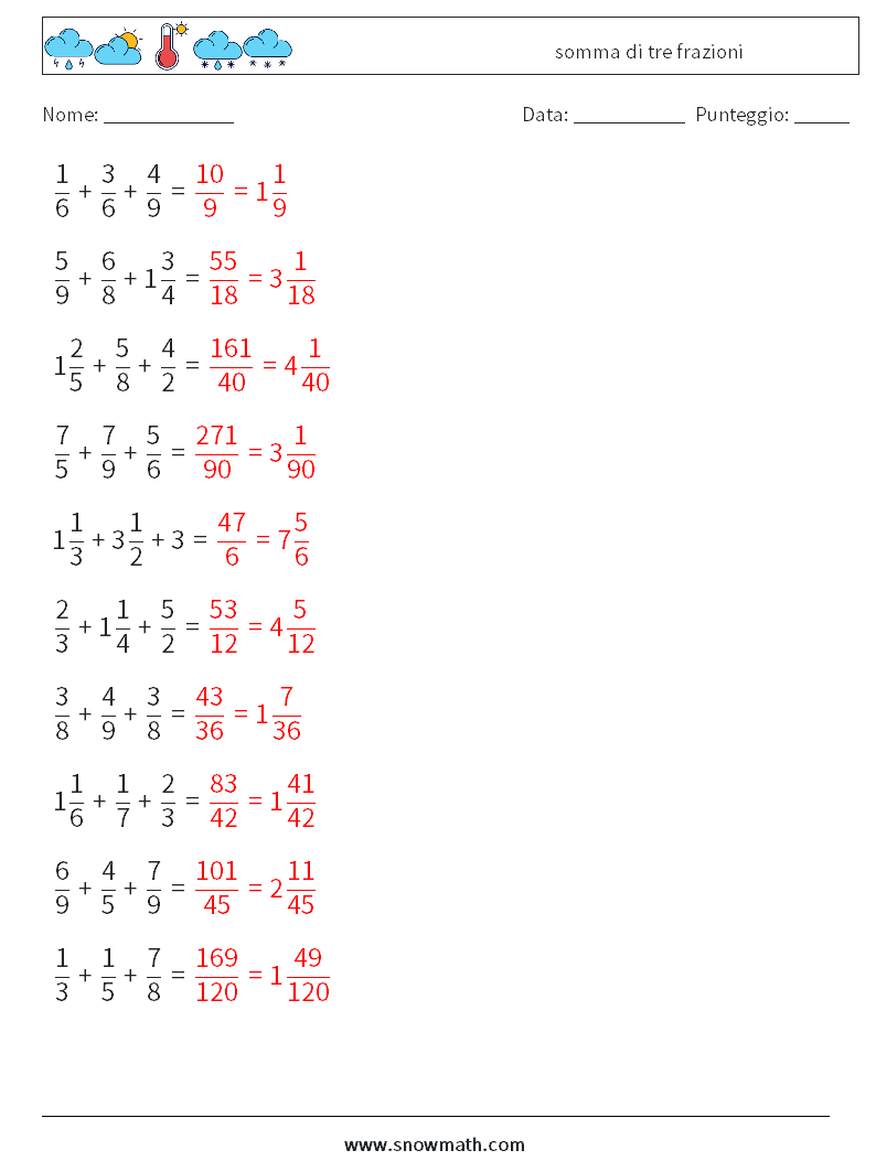 (10) somma di tre frazioni Fogli di lavoro di matematica 7 Domanda, Risposta