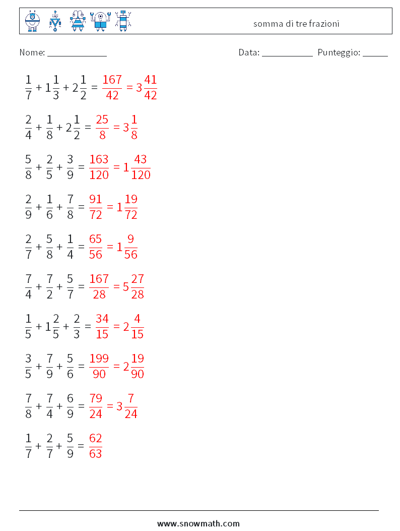 (10) somma di tre frazioni Fogli di lavoro di matematica 8 Domanda, Risposta