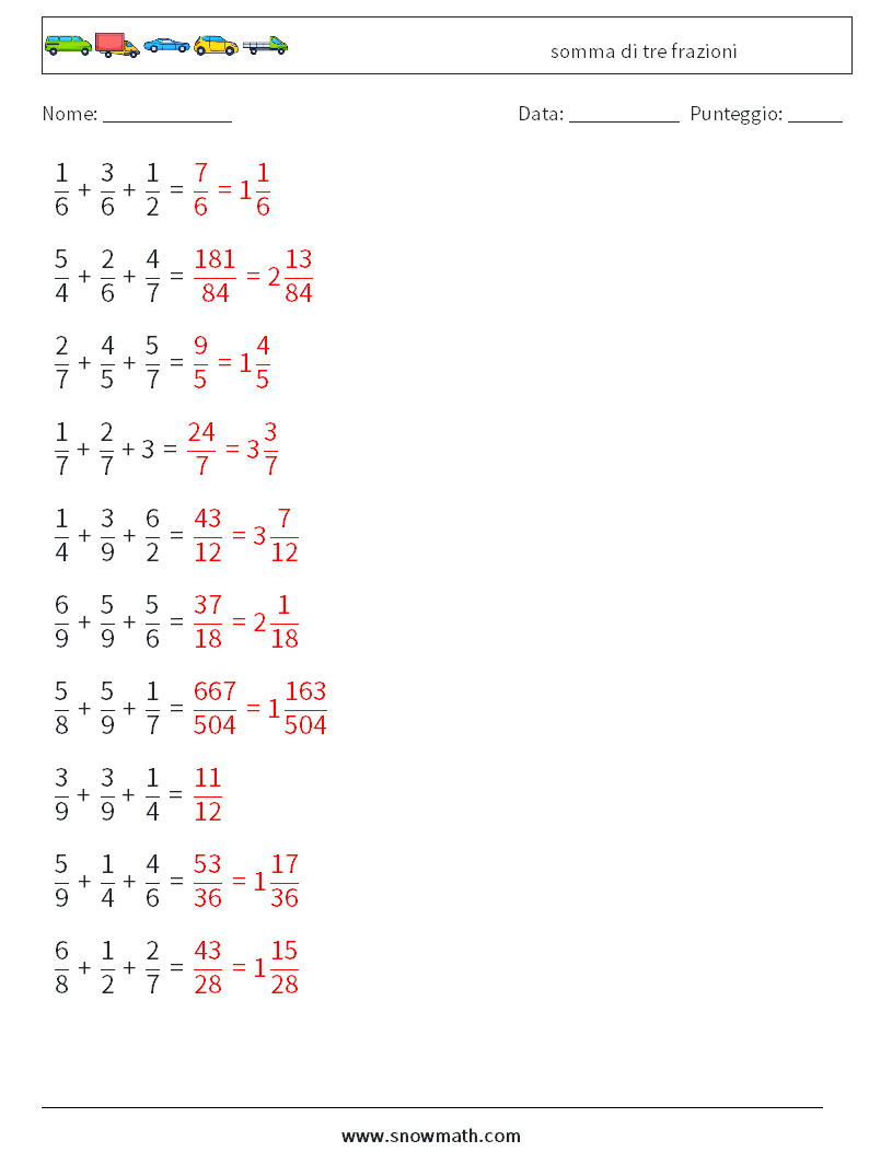 (10) somma di tre frazioni Fogli di lavoro di matematica 9 Domanda, Risposta