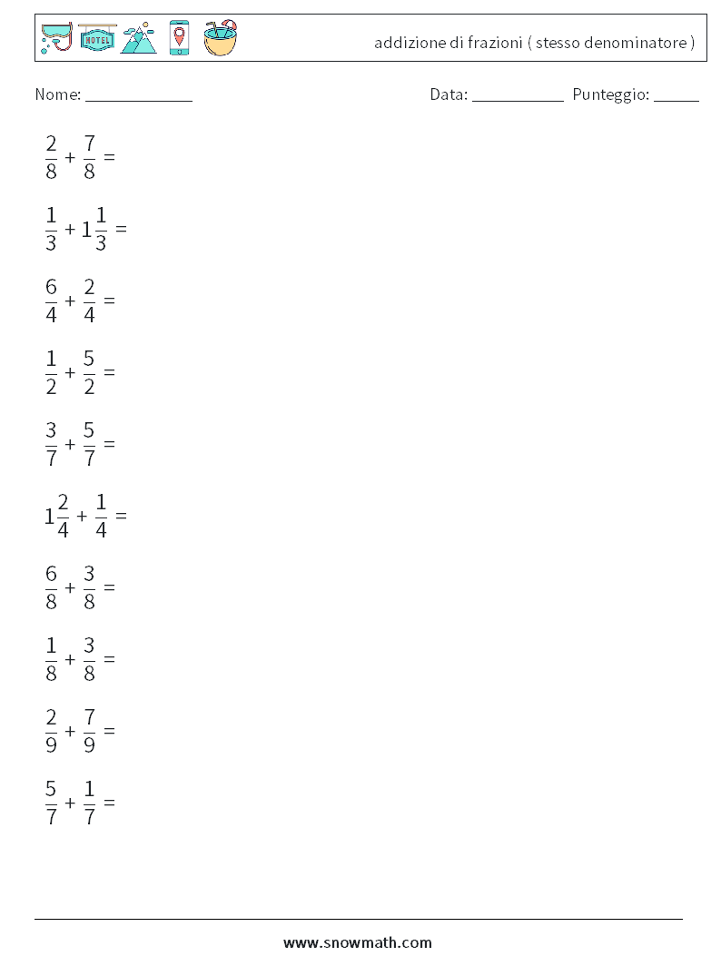 (10) addizione di frazioni ( stesso denominatore ) Fogli di lavoro di matematica 14