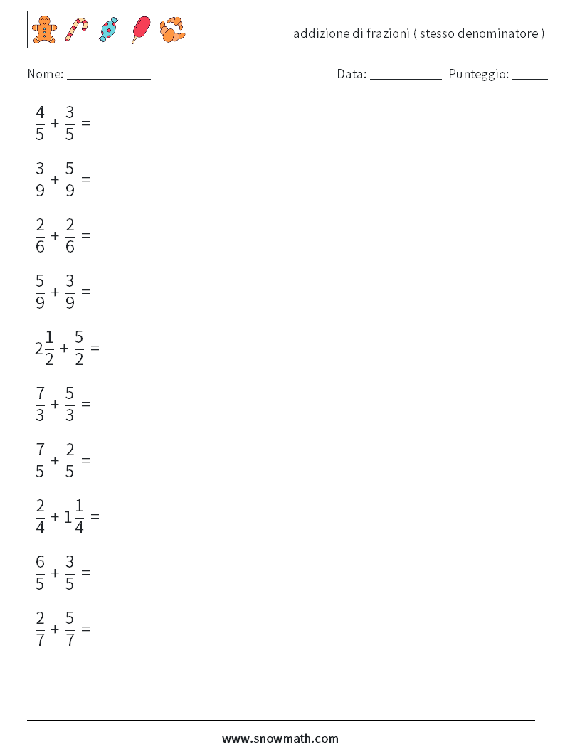 (10) addizione di frazioni ( stesso denominatore ) Fogli di lavoro di matematica 15