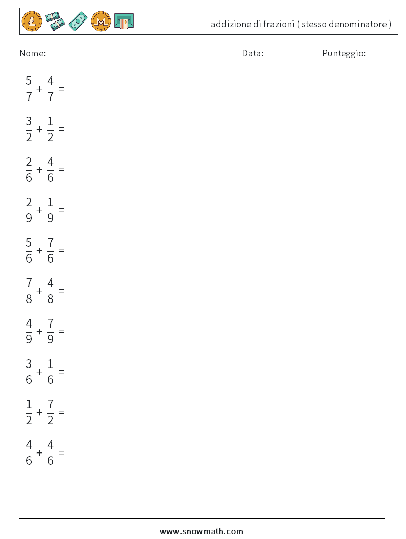 (10) addizione di frazioni ( stesso denominatore ) Fogli di lavoro di matematica 16