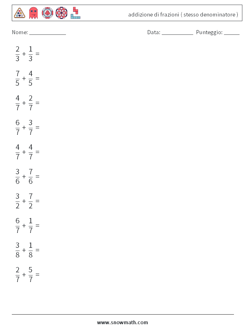 (10) addizione di frazioni ( stesso denominatore ) Fogli di lavoro di matematica 17