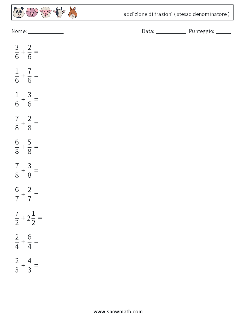 (10) addizione di frazioni ( stesso denominatore ) Fogli di lavoro di matematica 18