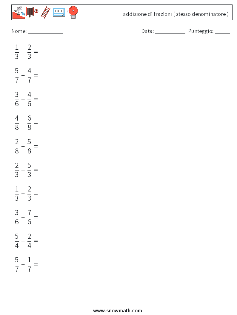 (10) addizione di frazioni ( stesso denominatore ) Fogli di lavoro di matematica 7