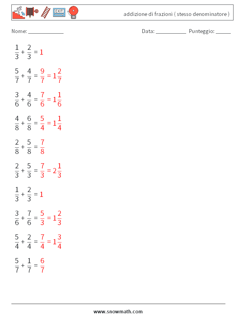 (10) addizione di frazioni ( stesso denominatore ) Fogli di lavoro di matematica 7 Domanda, Risposta