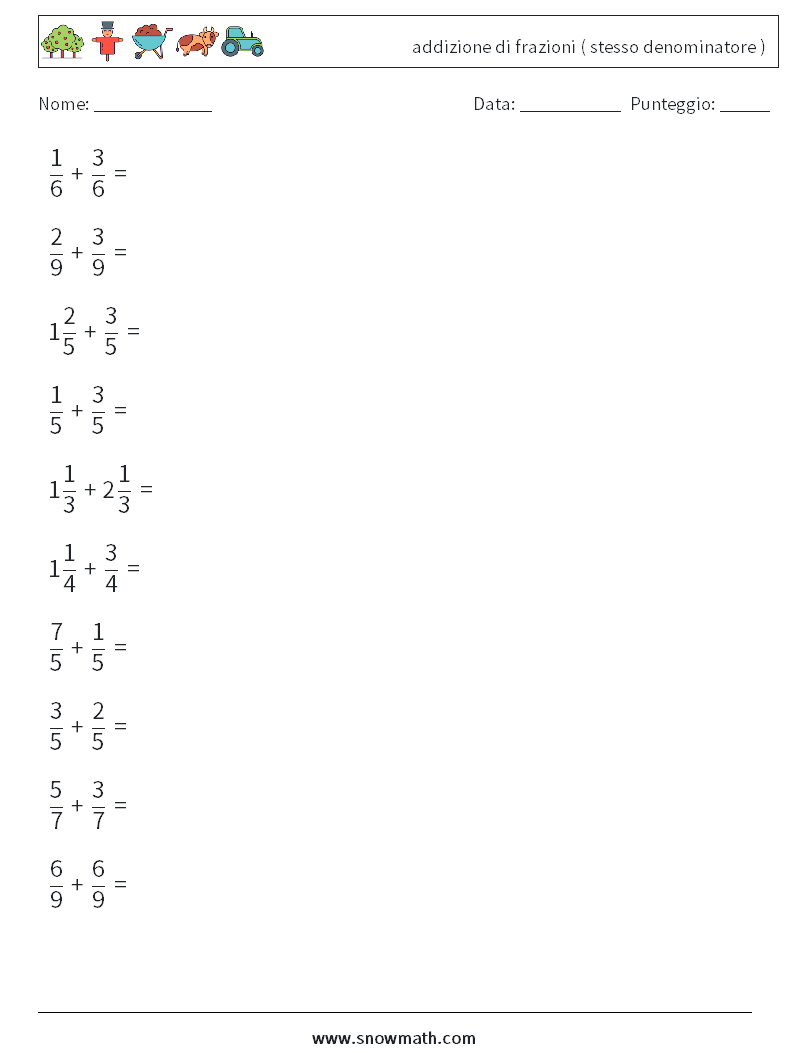 (10) addizione di frazioni ( stesso denominatore ) Fogli di lavoro di matematica 8