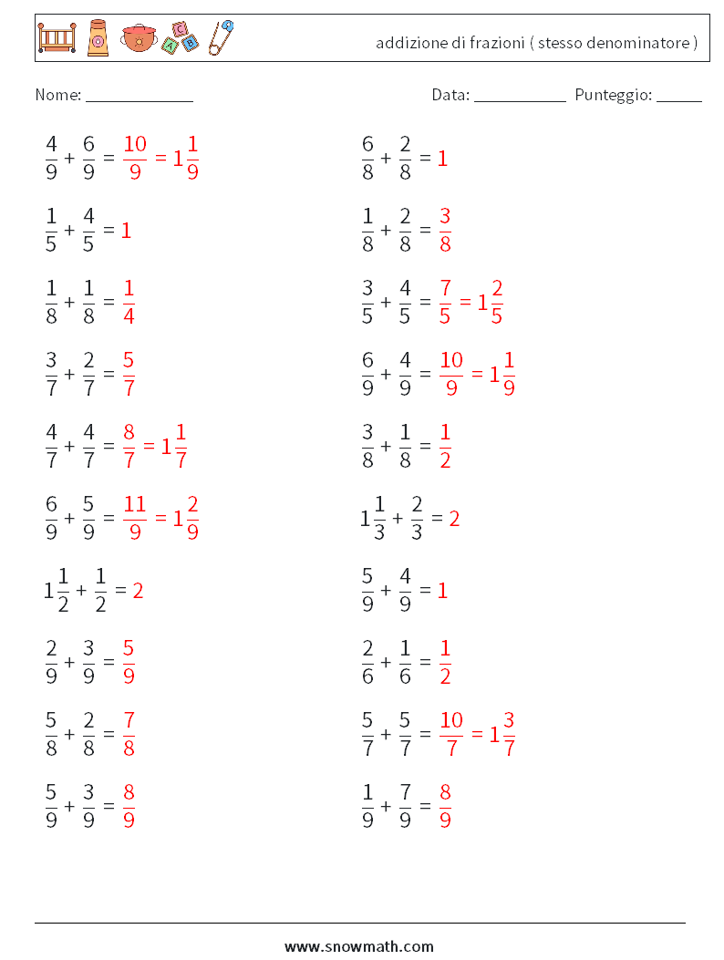 (20) addizione di frazioni ( stesso denominatore ) Fogli di lavoro di matematica 10 Domanda, Risposta