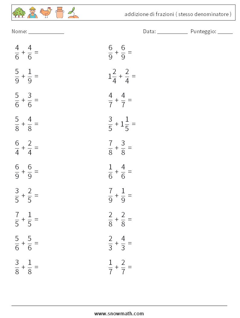 (20) addizione di frazioni ( stesso denominatore ) Fogli di lavoro di matematica 11