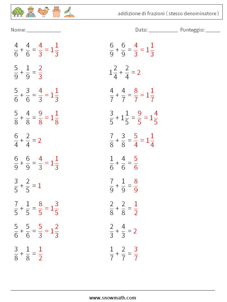 (20) addizione di frazioni ( stesso denominatore ) Fogli di lavoro di matematica 11 Domanda, Risposta