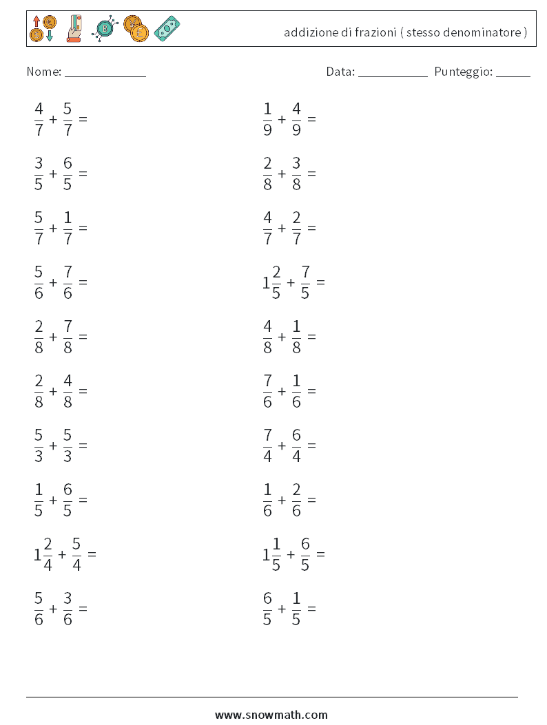 (20) addizione di frazioni ( stesso denominatore ) Fogli di lavoro di matematica 12