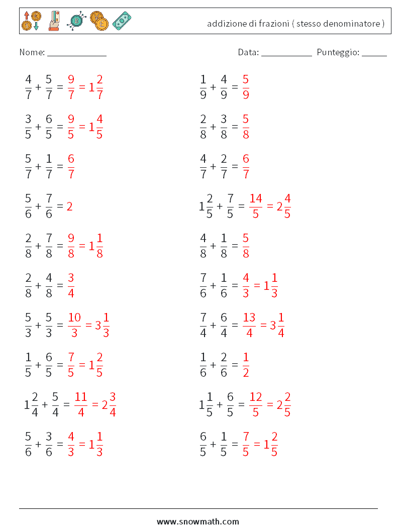(20) addizione di frazioni ( stesso denominatore ) Fogli di lavoro di matematica 12 Domanda, Risposta