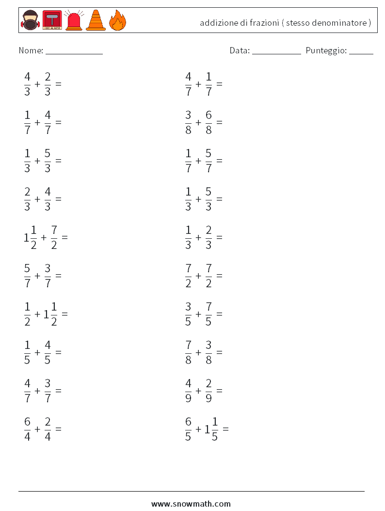 (20) addizione di frazioni ( stesso denominatore ) Fogli di lavoro di matematica 13
