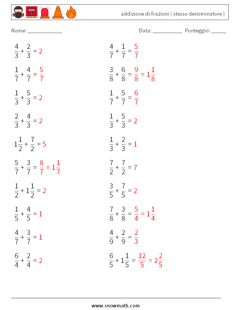 (20) addizione di frazioni ( stesso denominatore ) Fogli di lavoro di matematica 13 Domanda, Risposta